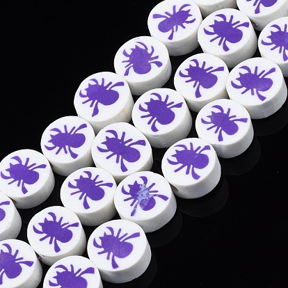 Handmade Polymer Clay Bead Strands, Halloween Style, Flat Round with Spider