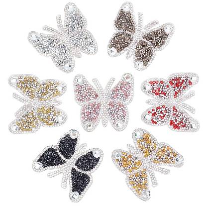 7Pcs 7 Colors Butterfly Rhinestone Patches, Iron/Sew on Appliques, Costume Accessories, for Clothes, Bag Pants, Shoes, Cellphone Case