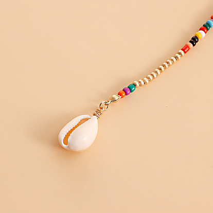 Bohemian Double-layer Colorful Rice Bead Shell Necklace - Beach Style, European and American.
