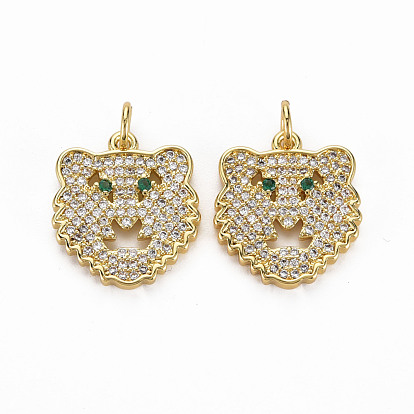 Brass Micro Pave Clear Cubic Zirconia Pendants, Nickel Free, Leopard Head Shape