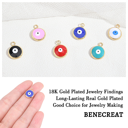 BENECREAT 12Pcs 6 Colors Eco-Friendly Brass Enamel Charms, with Jump Ring, Real 18K Gold Plated, Long-Lasting Plated, Flat Round with Evil Eye