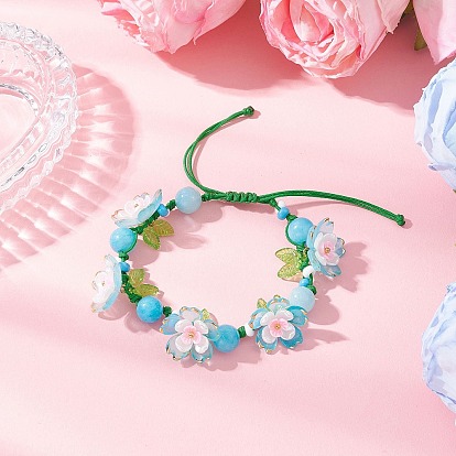 Цветочные акриловые бусины плетеные браслеты из бисера для женщин, с колпачками из АБС-пластика и искусственного жемчуга из смолы и круглыми бусинами из натурального окрашенного нефрита Машан