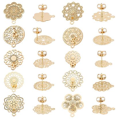 20 шт. 10 стиль 304 серьги-гвоздики из нержавеющей стали поиск, с горизонтальными петлями, выдолбленный цветок