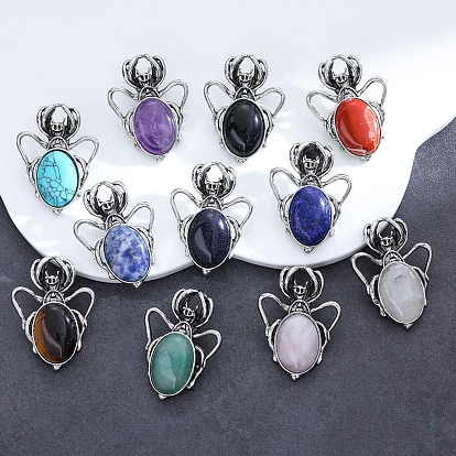 Natural & Synthetic Mixed Gemstone Pendants, with Antique Silver Alloy Finding, Spider Charms