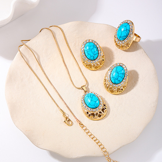 Овальные синтетические бирюзовые подвески, серьги-гвоздики и комплекты колец, сплав ювелирных изделий