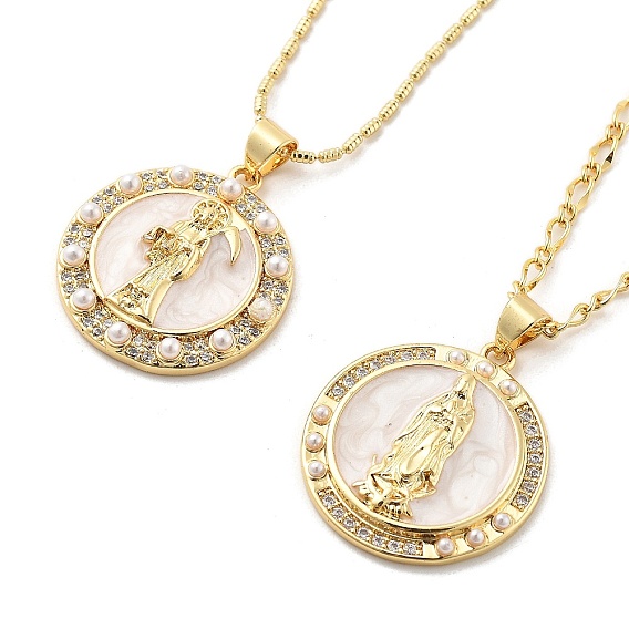 Плоские круглые подвески с микропаве из кубического циркония из святой латуни, с жемчугом из раковины 