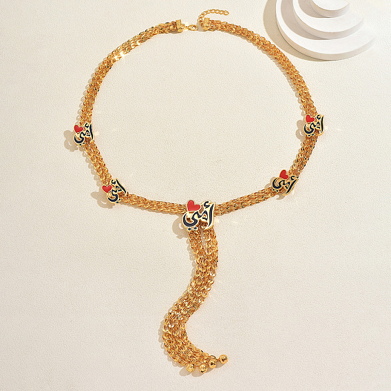 Collar largo vintage de aleación esmaltada con corazón rojo y borla para mujer, ideal para fiestas y ocasiones informales.