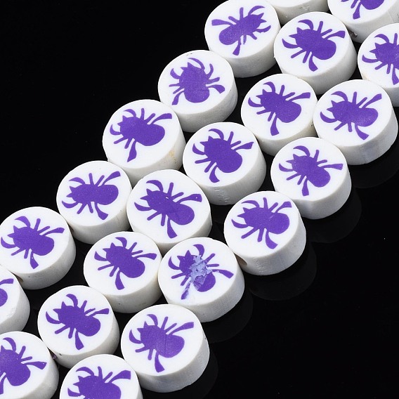 Handmade Polymer Clay Bead Strands, Halloween Style, Flat Round with Spider