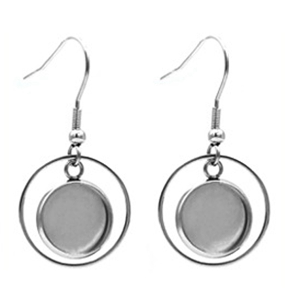 Hollow Stainless Steel Earring Hooks, with Flat Round Cabochon Settings