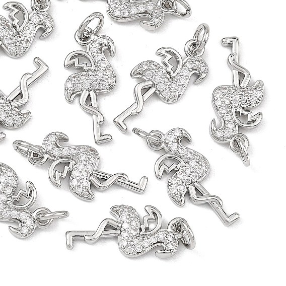SHEGRACE Brass Micro Pave Cubic Zirconia Pendants, Flamingo Shape Charms, Cadmium Free & Lead Free & Nickel Free