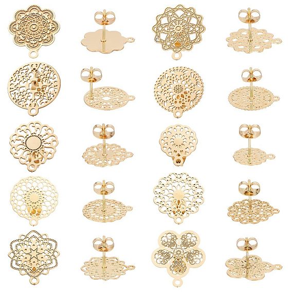 20 шт. 10 стиль 304 серьги-гвоздики из нержавеющей стали поиск, с горизонтальными петлями, выдолбленный цветок