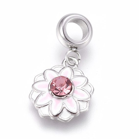 304 Stainless Steel European Dangle Charms, Large Hole Pendants, with Enamel and Rhinestone, Flower