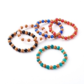 Bracelets extensibles en perles acryliques de style imitation bois et pierres précieuses, ronde avec la croix