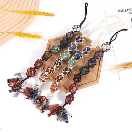 Nuggets 7 Chakra Natural Gemstone Pouch Pendant Decorations, Braided Thread and Gemstone Chip Tassel Car Hanging Ornaments
