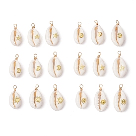 Подвески из натуральной ракушки каури, обмотанной медной проволокой, с латунными пластинами, золотые