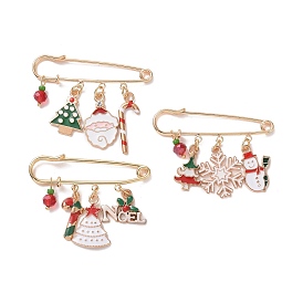 3Pcs 3 Style Christmas Tree & Santa Claus & Snowflake & Word Noel Enamel Safety Pin Brooches, Light Gold Alloy Lapel Pins for Sweater Shawl Clips Waist Pants Extender