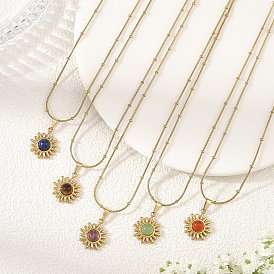 Collares con colgante de sol y cadena de satélite de acero inoxidable con piedras mixtas naturales para mujer, dorado
