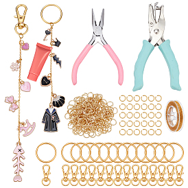 DIY Keychian Making Kits, include Iron Cable Chains, 30Pcs Alloy Clasps, 30Pcs Iron Split Key Rings, 1Pc Carbon Steel Plier, 1Pc Iron Hole Punch, 200Pcs Stainless Steel Jump Ring
