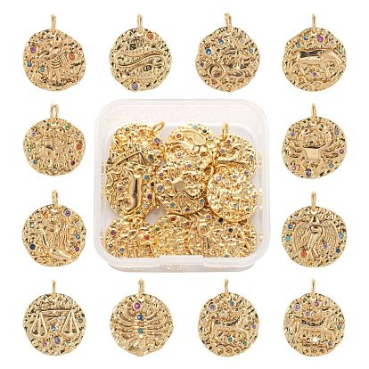 12Pcs 12 Style Brass Micro Pave Cubic Zirconia Pendants, with Jump Rings, Flat Round with Constellation