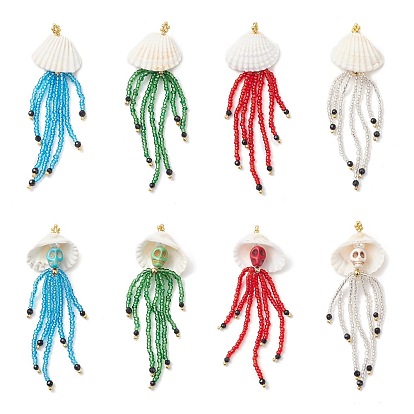 Подвески в виде черепа медузы из окрашенной синтетической бирюзы, натурального черного оникса и стеклянных бусин, с ракушкой и золотыми латунными бусинами