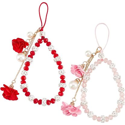 2 шт. 2 цвета пластик и полимерная глина ручной работы стеклянные стразы бусины мобильные ремни, с железной фурнитурой и искусственным цветком