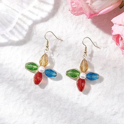 Серьги-подвески из цветочного стекла и круглых ракушек, с  латунными крючками для серег, золотые