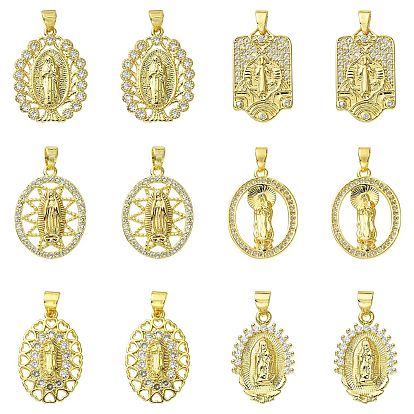 12Pcs 6 Styles Brass with Cubic Zirconia Pendants, Mixed Shapes