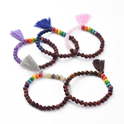 Chakra Jewelry, Stretch Charm Bracelets, with Wood Beads, Natural Gemstone Beads and Cotton Tassel