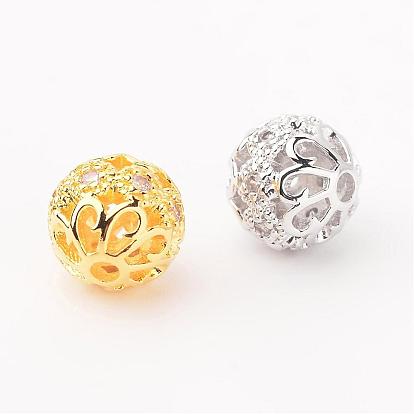Filigree Round Brass Micro Pave Cubic Zirconia Beads, 8mm, Hole: 1.5mm