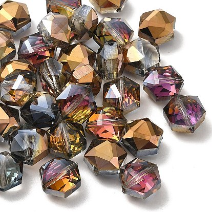 Electroplate Glass Beads, Half Plated, Faceted, Hexagon, 11x12x7mm, Hole: 1mm