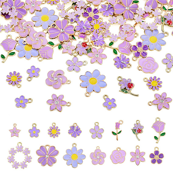 60Pcs 15 Styles Light Gold Alloy Enamel Pendants, with Rhinestone, Mixed Flower Charms