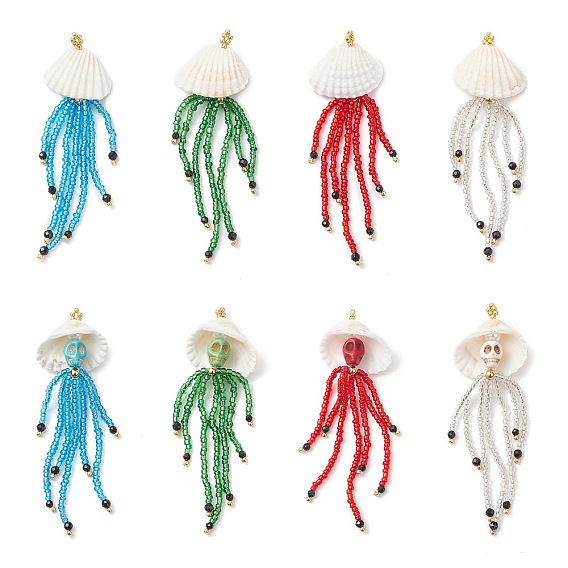 Подвески в виде черепа медузы из окрашенной синтетической бирюзы, натурального черного оникса и стеклянных бусин, с ракушкой и золотыми латунными бусинами