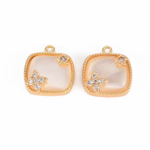 Brass Micro Pave Clear Cubic Zirconia Charms, with Freshwater Shell, Nickel Free, Rectangle with Star