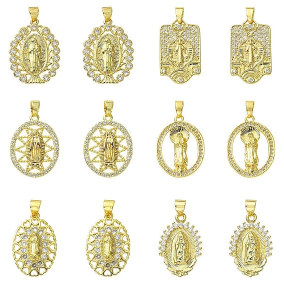 12Pcs 6 Styles Brass with Cubic Zirconia Pendants, Mixed Shapes
