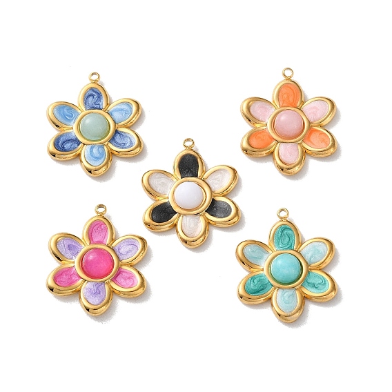 Крашеные натуральный белый нефрит подвески, 304 подвески-цветы из нержавеющей стали с эмалью, реальный 18 k позолоченный, вакуумное покрытие pvd
