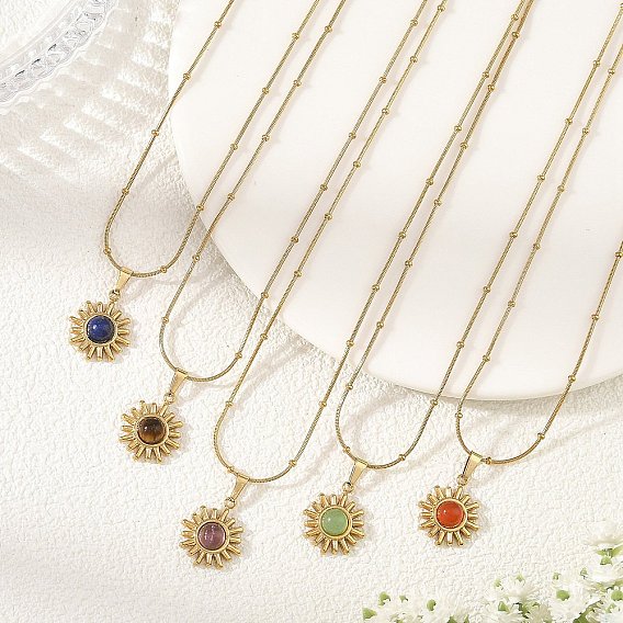 Collares con colgante de sol y cadena de satélite de acero inoxidable con piedras mixtas naturales para mujer, dorado