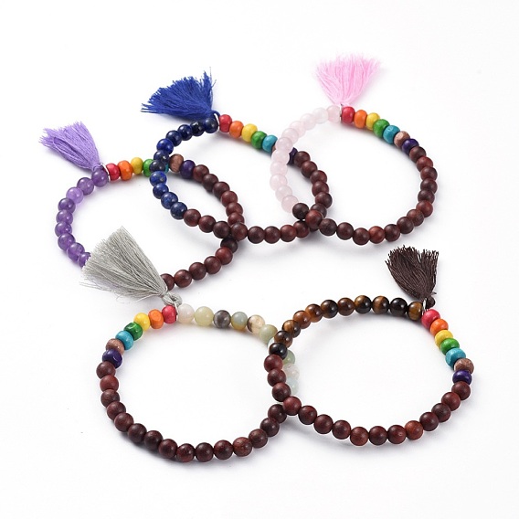 Chakra Jewelry, Stretch Charm Bracelets, with Wood Beads, Natural Gemstone Beads and Cotton Tassel