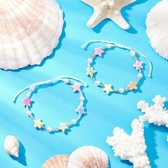 2шт 2 цвета пластиковые бусины плетеные браслеты из бисера, морская звезда, с нейлоновым шнуром и стеклянными витыми бусинами и бусинами из искусственного жемчуга