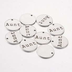 Mother's Day Theme, 201 201 Stainless Steel Pendants, Flat Round with Family Name, 15x1mm, Hole: 1.3mm