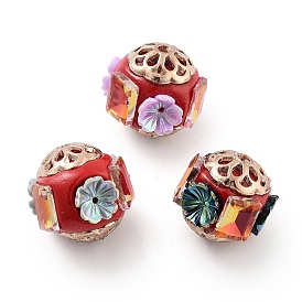 Handmade Indonesia Beads, with Alloy and Resin, Round with Flower, Golden