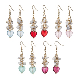 Synthetic White Howlite Chips & Glass Heart Dangle Earrings, Cluster Earrings with 304 Stainless Steel Pins