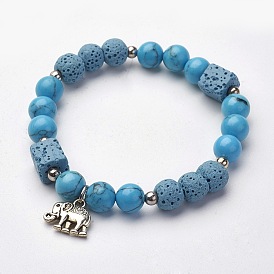 Эластичные браслеты из натурального вулканического камня, с прелестями из драгоценных камней и сплавов, круглый и куб