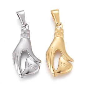 Saint Valentin 304 pendentifs en acier inoxydable, main avec coeur et mot amour