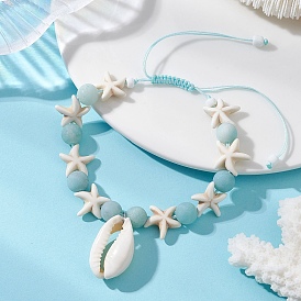 Браслеты с подвесками из натуральных прибрежных ракушек каури, Регулируемые браслеты из натуральных бусин амазонита и синтетической бирюзы, плетеные из бусин, для женщин., морская звезда и раковина