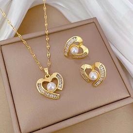 Heart Brass Micro Pave Cubic Zirconia Pendant Necklace & Stud Earring Sets, with Imitation Pearl
