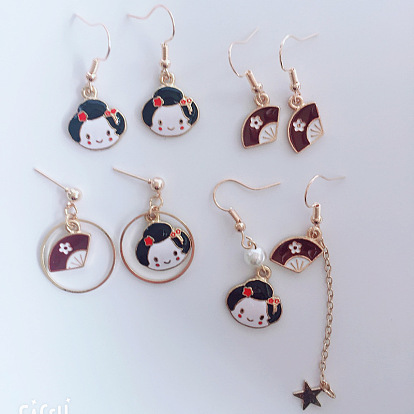 Japanese Geisha Fan and Earring Set - Cute Ear Studs and Hooks with Traditional Design