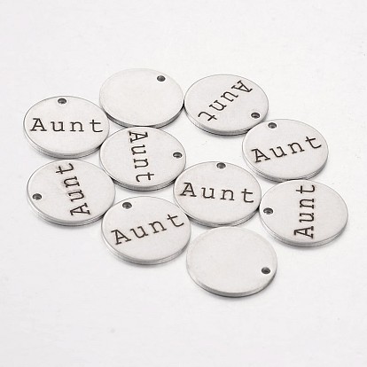 Mother's Day Theme, 201 201 Stainless Steel Pendants, Flat Round with Family Name, 15x1mm, Hole: 1.3mm