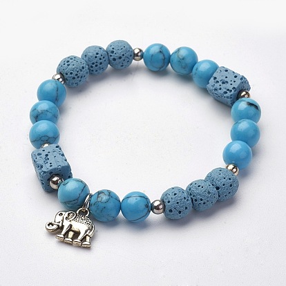 Эластичные браслеты из натурального вулканического камня, с прелестями из драгоценных камней и сплавов, круглый и куб