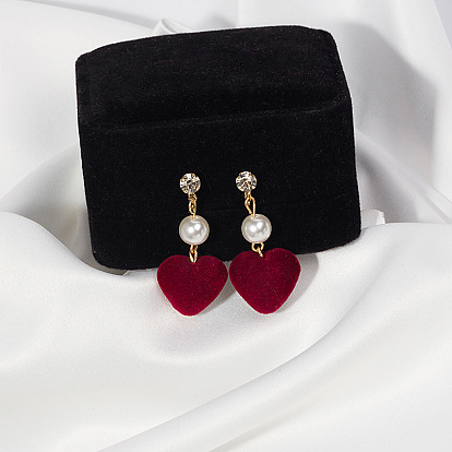 Vintage Velvet Wine Red Heart Pearl Earrings with Geometric Diamond Clip-on, Chic Long Style