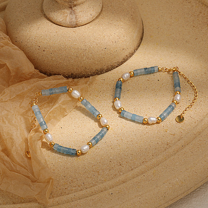 Браслеты из натуральных бусин аквамарина для женщин, колонка, с натуральным пресноводным жемчугом